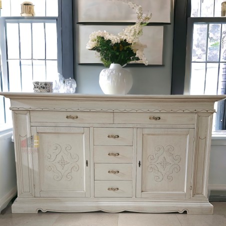 Credenza Scudo in Legno Bianco Invecchiato con Cassetti - Madia Elegante