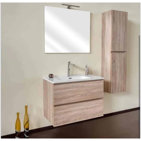 Mobile bagno sospeso 100 cm 2 cassetti con lavabo e specchio con  led Rovere